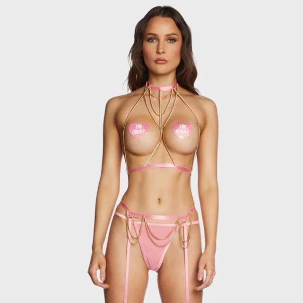 Strappy Chain Bra Top Thong Garterbelt - Pink - Dollskill